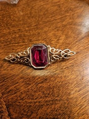 Park Lane Gold-Tone Filigree Brooch with Deep Ruby Red Stone